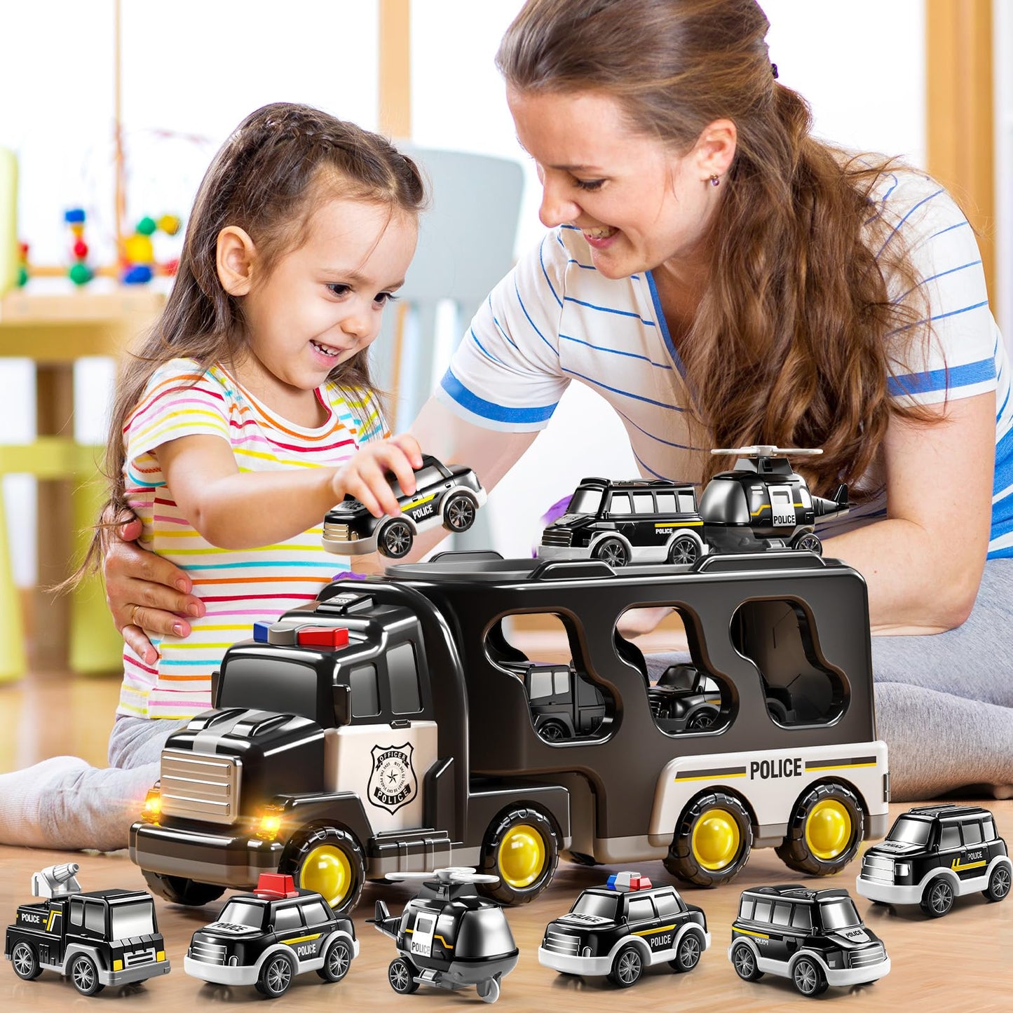 JUKUDAHU Police Truck Toy for 3 4 5 6 Years Old Boys - Carrier Vehicle Toy Set with 5 Toy Cars and 1 Helicopter, Kids Firction P