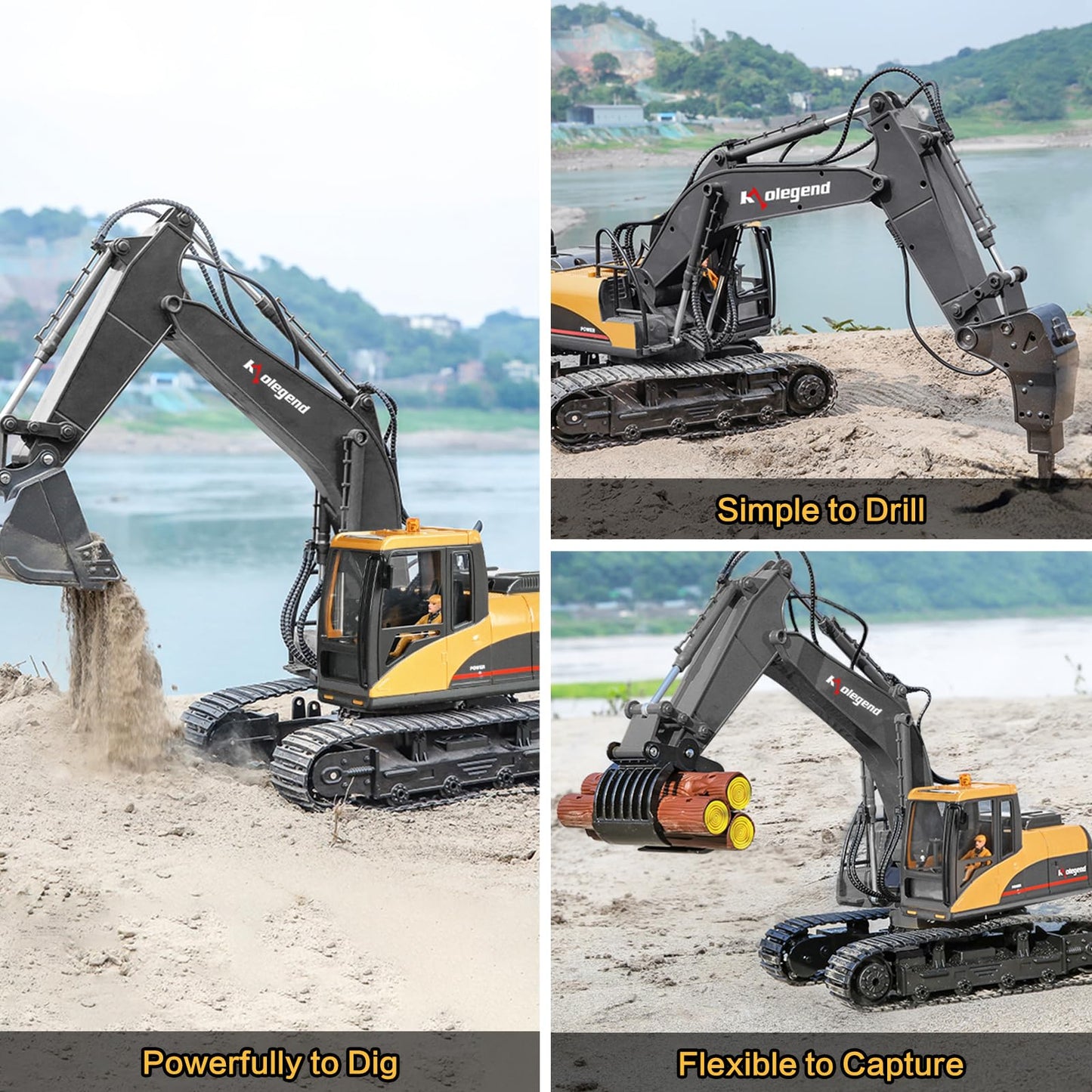 kolegend 1/14 Scale 3 in 1 Remote Control Excavator Toy, Metal, Yellow/Black, Model k103, Full Functional with Tools