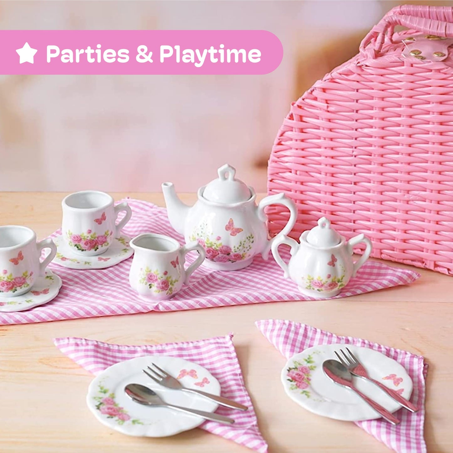 Jewelkeeper Tea Party Set for Little Girls - 18 Piece Toddler Tea Set with Floral Porcelain, Pink Wicker Basket, Utensils for Im