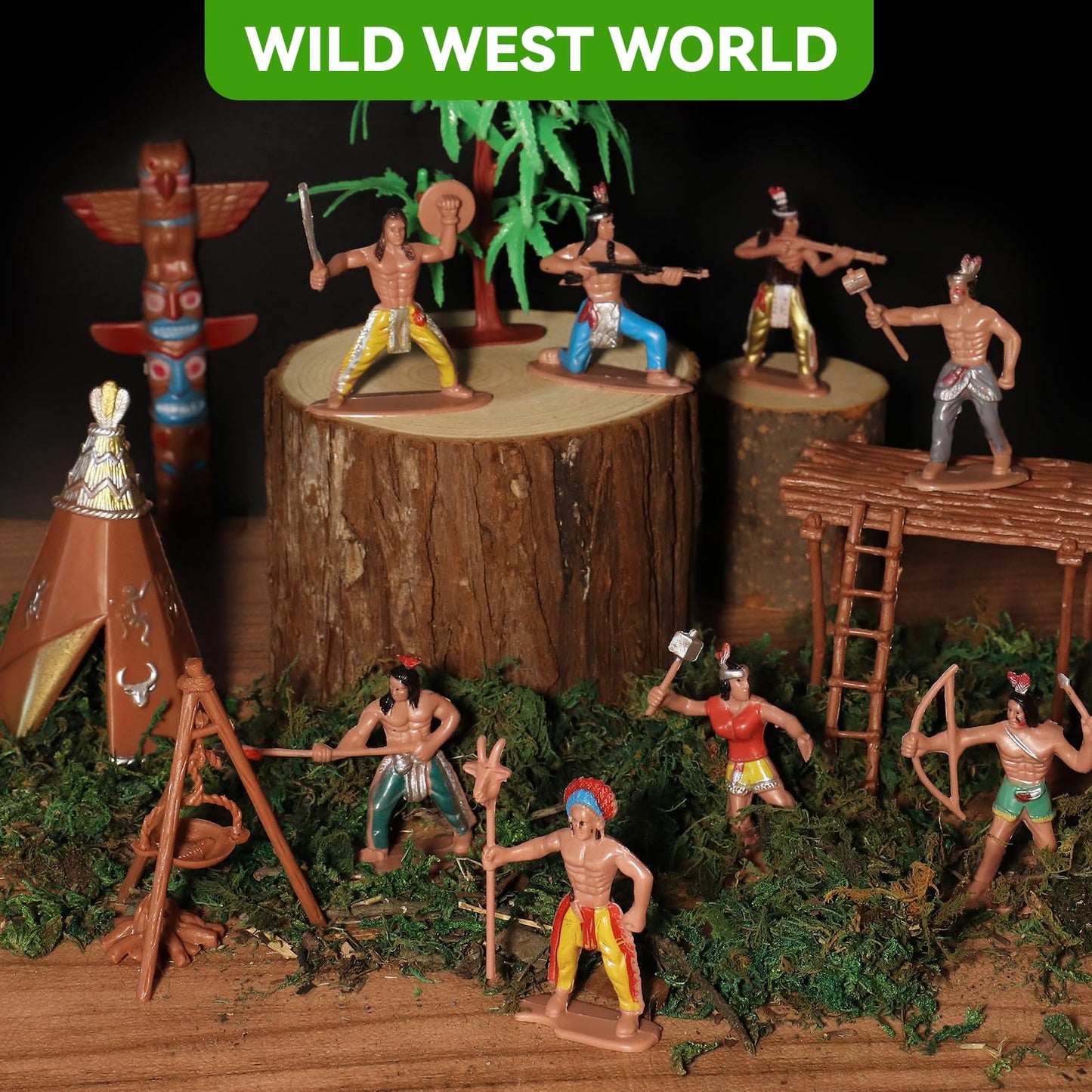 Wookidel 44 PCS Native American Indians Figures Set, Plastic Toys for Kids, 11.8x8.5x2 inches, Brown, Green, Red, Blue, Pink, Black