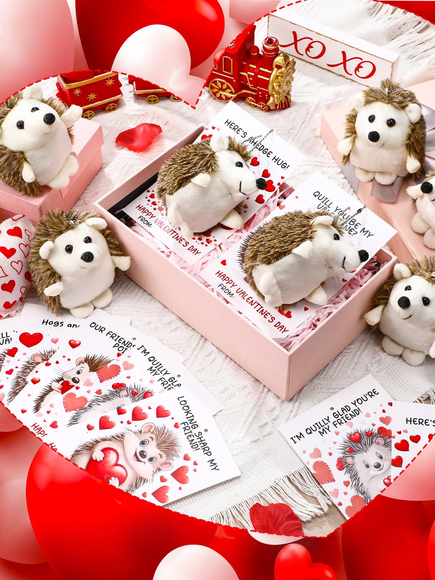 Blueweenly 24 Sets Valentines Day Gifts Mini Hedgehog Stuffs Bulk With Hedgehog Themed Cards Animal Plush Stuffed Keychain Frien