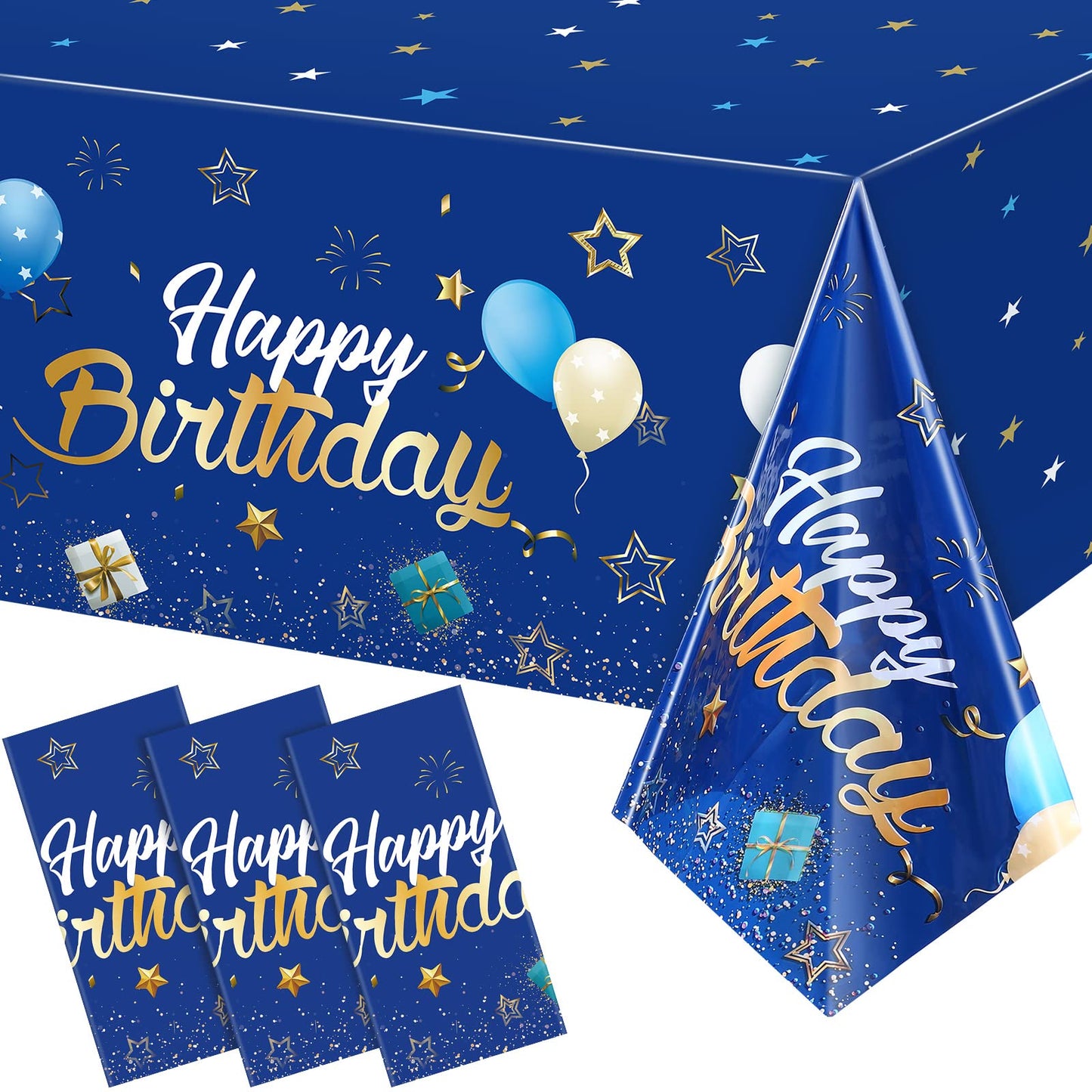 Navy Blue Party Supplies Blue Stars Happy Birthday Tablecloths Blue Starry Confetti Table Covers For Kids Boys Girls Baby Shower