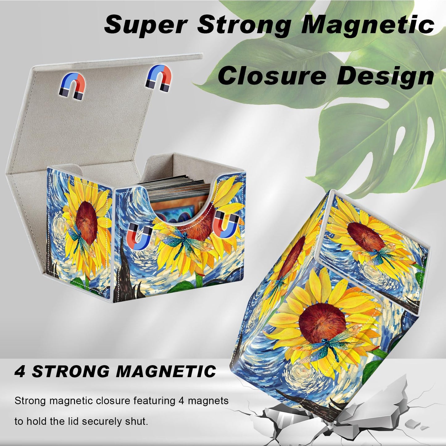 DEGDFSGR Card Game Storage Box for TCG MTG Commander Deck Box Organizer Trading Card Case Magnetic Closure Creative Pattern Up to 200 Cards Sunflower Dragonfly