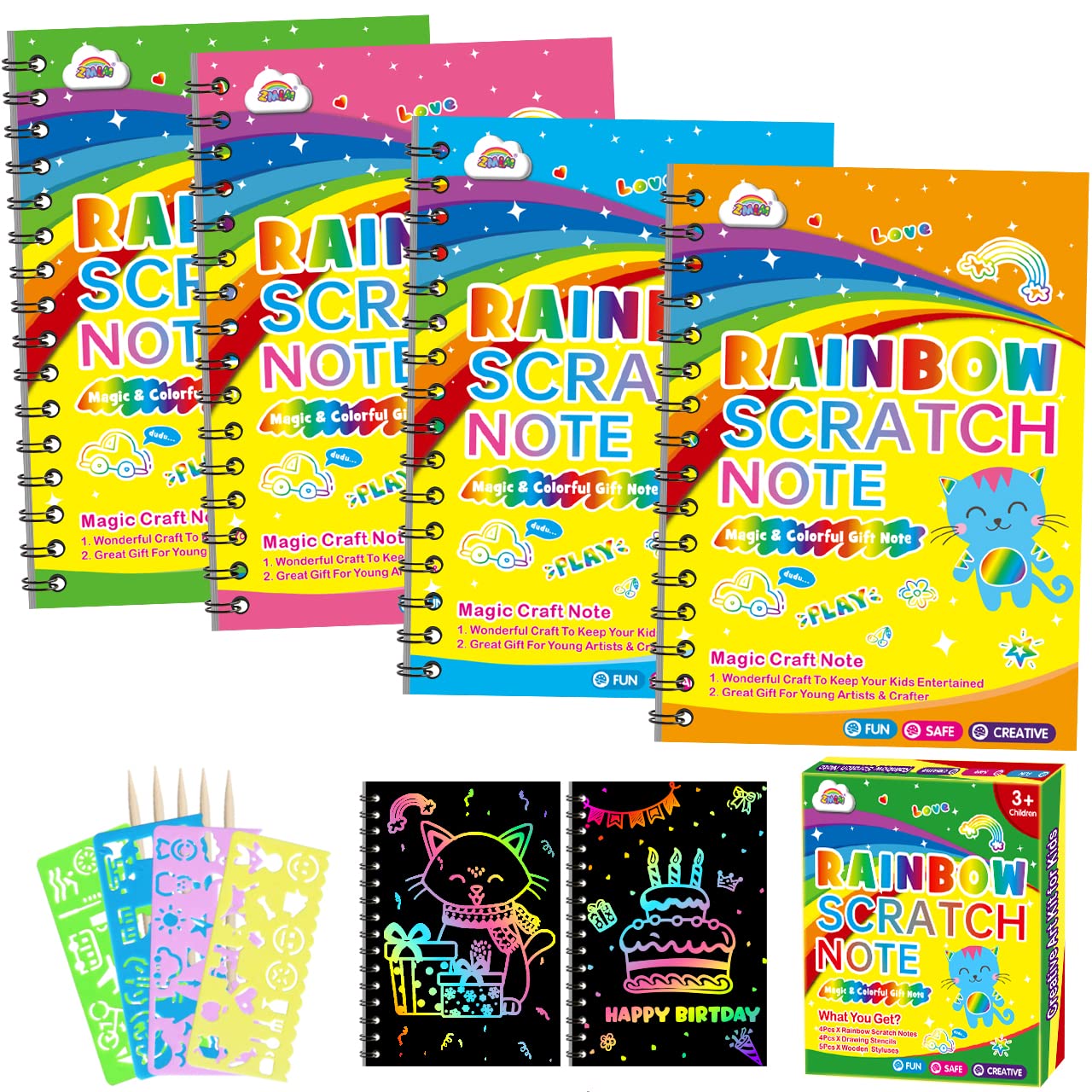 Zmlm Scratch Art Party Favors: 4 Pack Rainbow Scratch Paper Art Set For Kids 3-12 Years Old Art And Craft Notebook Girl Boy Birthday Gift Goodie Bag Stuffers(5 Wooden Stylus & 4 Drawing Stencils)
