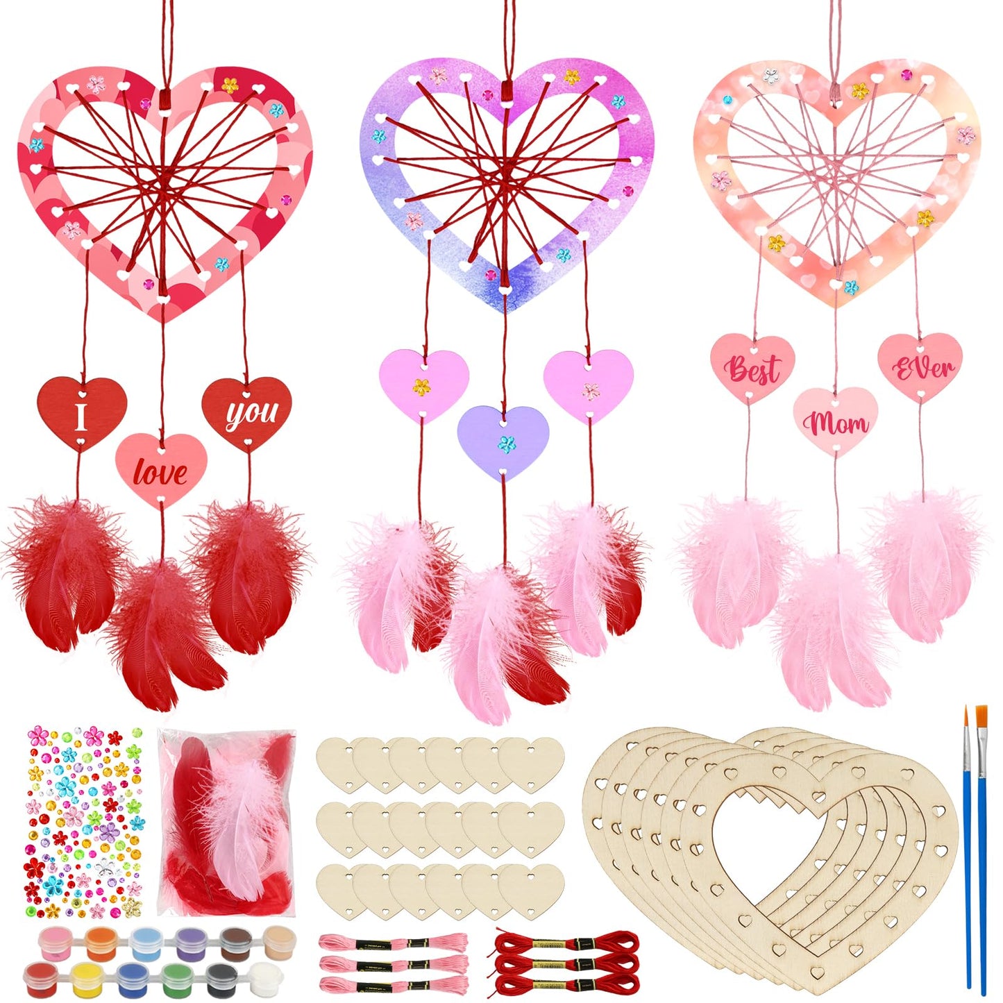 Fennoral 6 Pack Heart Dream Catcher Craft Kit For Kids Paint You Own Love Heart Dream Catcher Diy Coloring Mother'S Day Wooden A