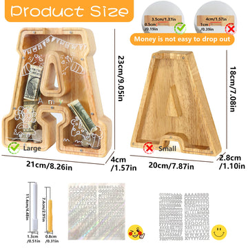 Weallbuy Large Letter Piggy Bank For Kids Boys Girls Wooden Personalized Piggy Banks A-Z With Target Area Clear Alphabet Banknot