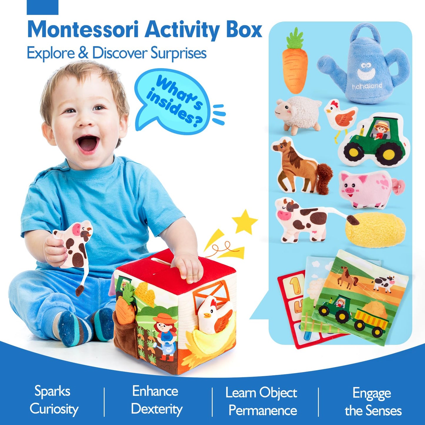 Hahaland Baby Toys 6-12 Months - 13 Pcs Whats Inside Box Surprise Developmental Toy With Stuffed Farm Animals, Rattle, Crinkle T