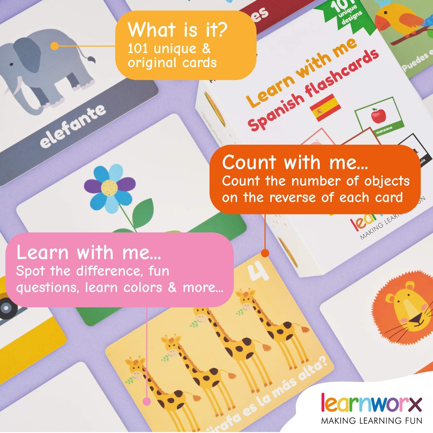 Spanish Flash Cards For Kids & Toddlers - 101 Cards - 202 Sides - Learn With Me - Objects, Numbers & Play Games - Great Value, Fun Learning And Educational Flashcards