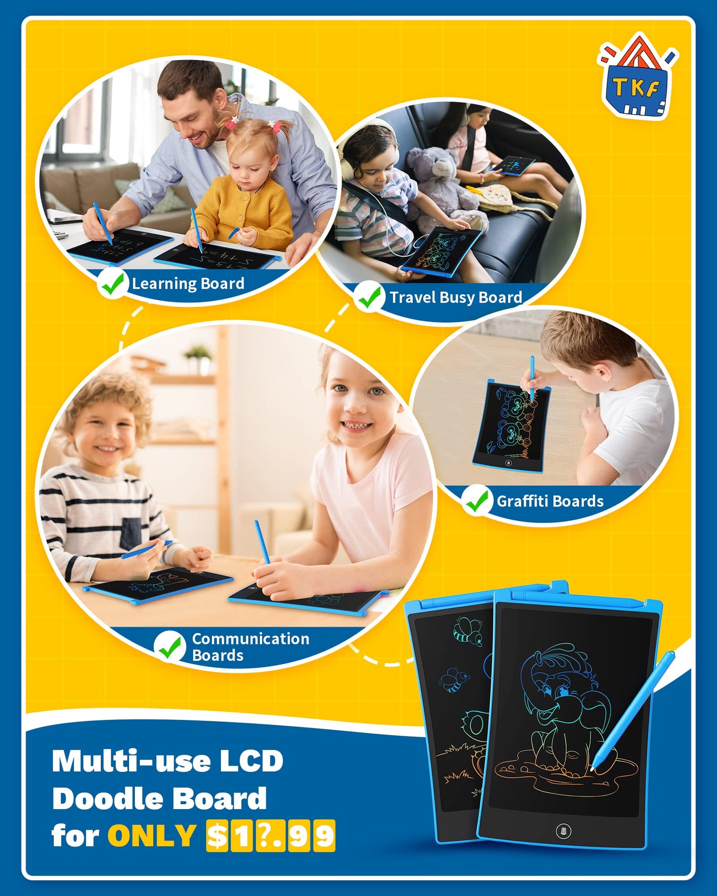 Tekfun 2 Pack Lcd Writing Tablet With 4 Stylus, 8.5In Erasable Doodle Board Mess Free Drawing Pad For Kids, Car Trip Educational