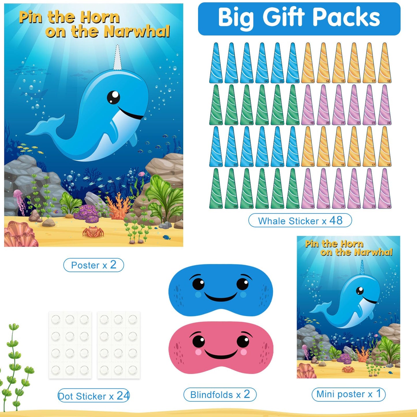 Neburora 2 Pack Pin The Horn On The Narwhal Party Game 2 Large 21''X 28'' Posters With 48Pcs Stickers Ocean-Themed Birthday Part