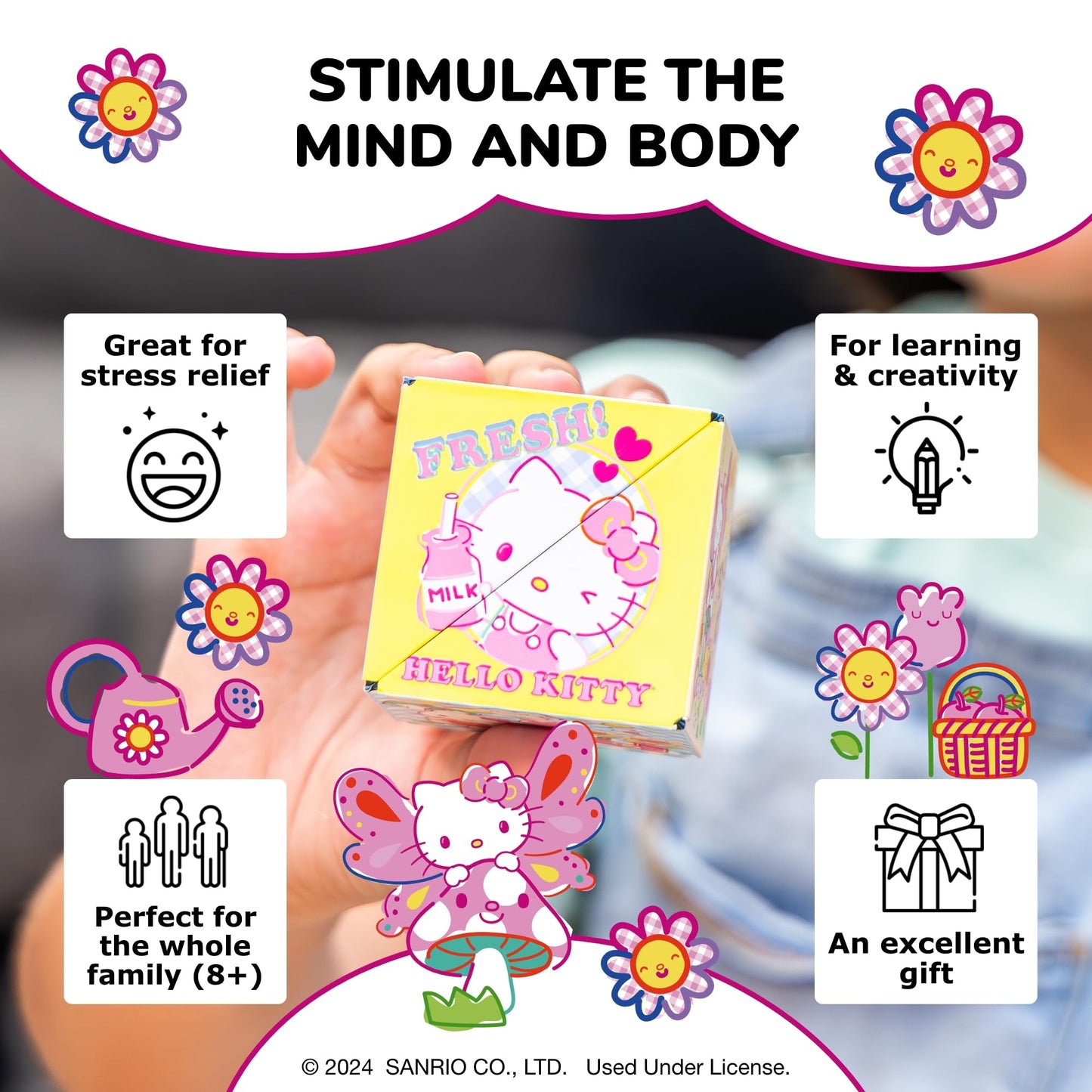 Shashibo Hello Kitty & Friends Shape Shifting Box - Award-Winning, Patented Magnetic Puzzle Cube W/ 36 Rare Earth Magnets-Fidget Toys For Adults & Kids 8+,Transform Into Over 70 Shapes (Garden Doodle)