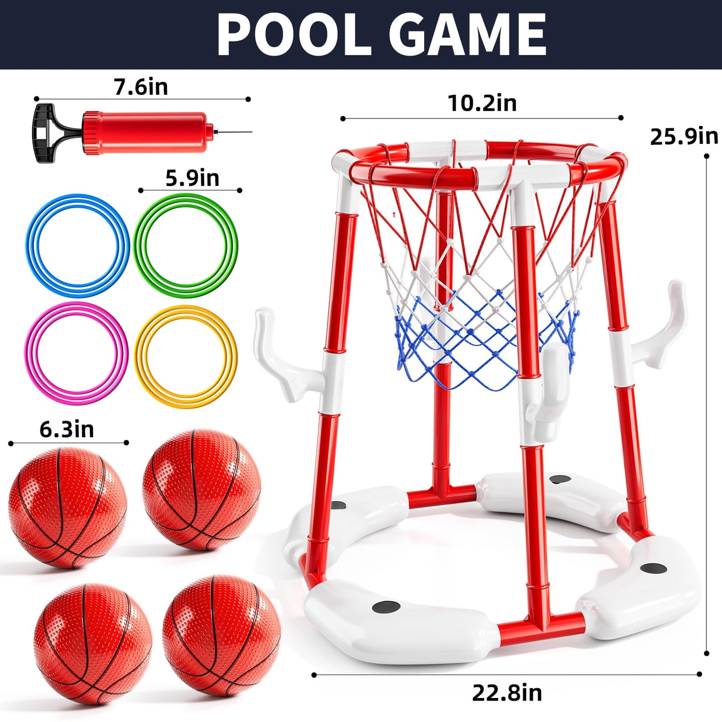 Niplooow Pool Basketball Hoop, 2-In-1 Floating Pool Toys Ring Game With 4 Balls And Pump, Outdoor Swimming Pool Basketball Games