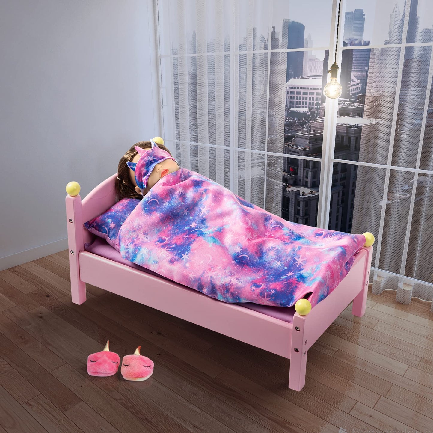 K.T. Fancy 8 Pcs 18 Inch Girl Doll Clothes And Accessories Sleeping Sheet,Pajamas,Eye Mask,Unicorn Slippers,Pillow(Doll And Bed Are Not Included)
