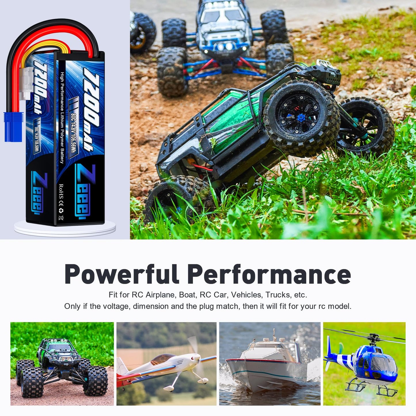 Zeee 4S Lipo Battery 7200mAh 14.8V 80C with EC5 Connector Hard Case RC Battery for RC Car Truck Tank Buggy Truggy RC Racing Mode