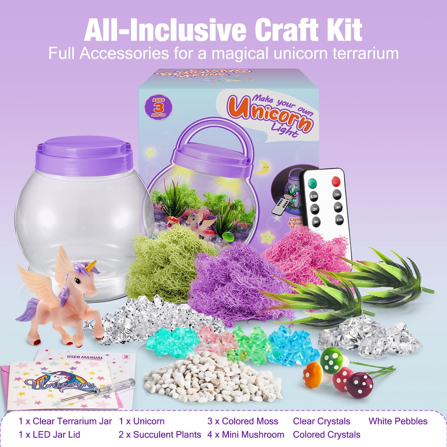 Light-Up Unicorn Terrarium Kit For Kids, Easter Gifts For Kids Girls, Diy Unciorns Toys Crafts For Girl 3, 4, 5, 6, 7, 8+Year Old Birthday Gifts