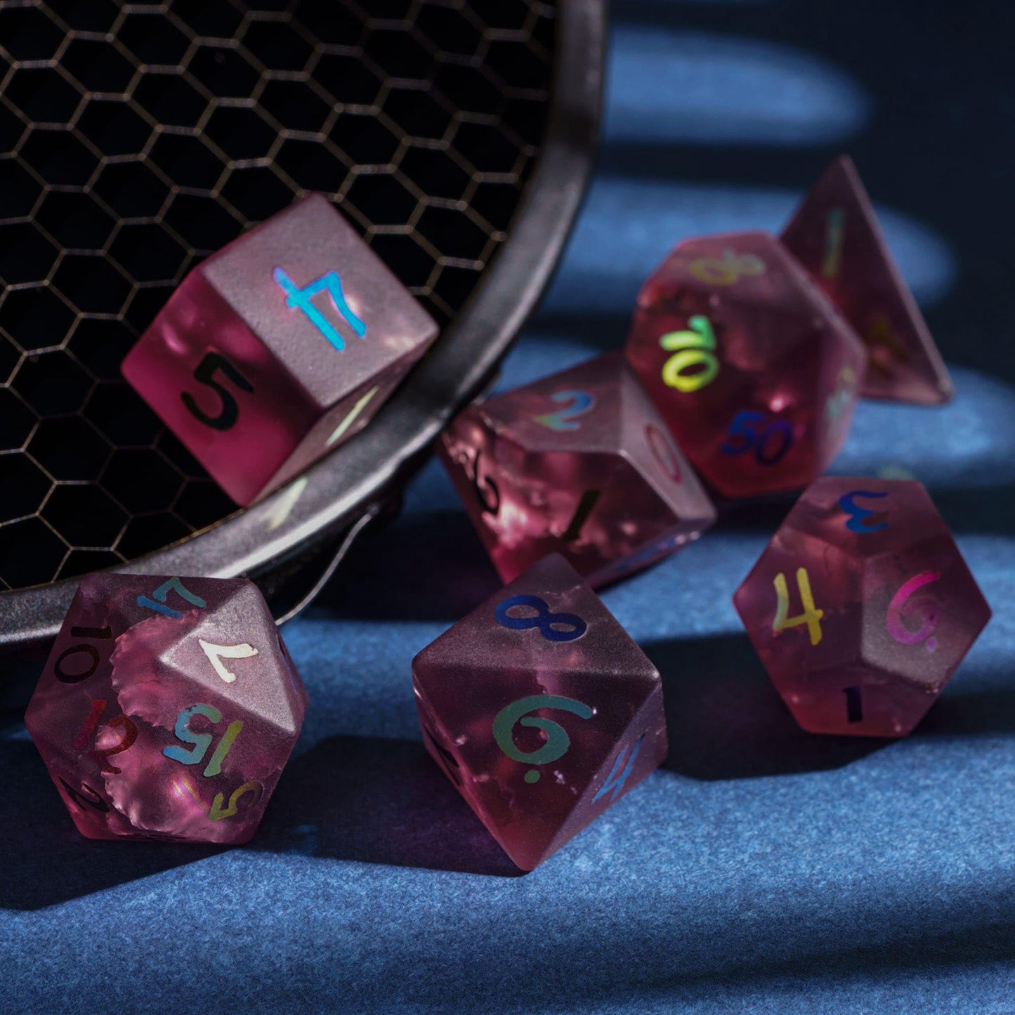 UDIXI Pink Cracked Glass DND Dice Set, 7PCS Glass Polyhedral Dice Set with Colorful Number for Dungeons and Dragon D&D Tabletop
