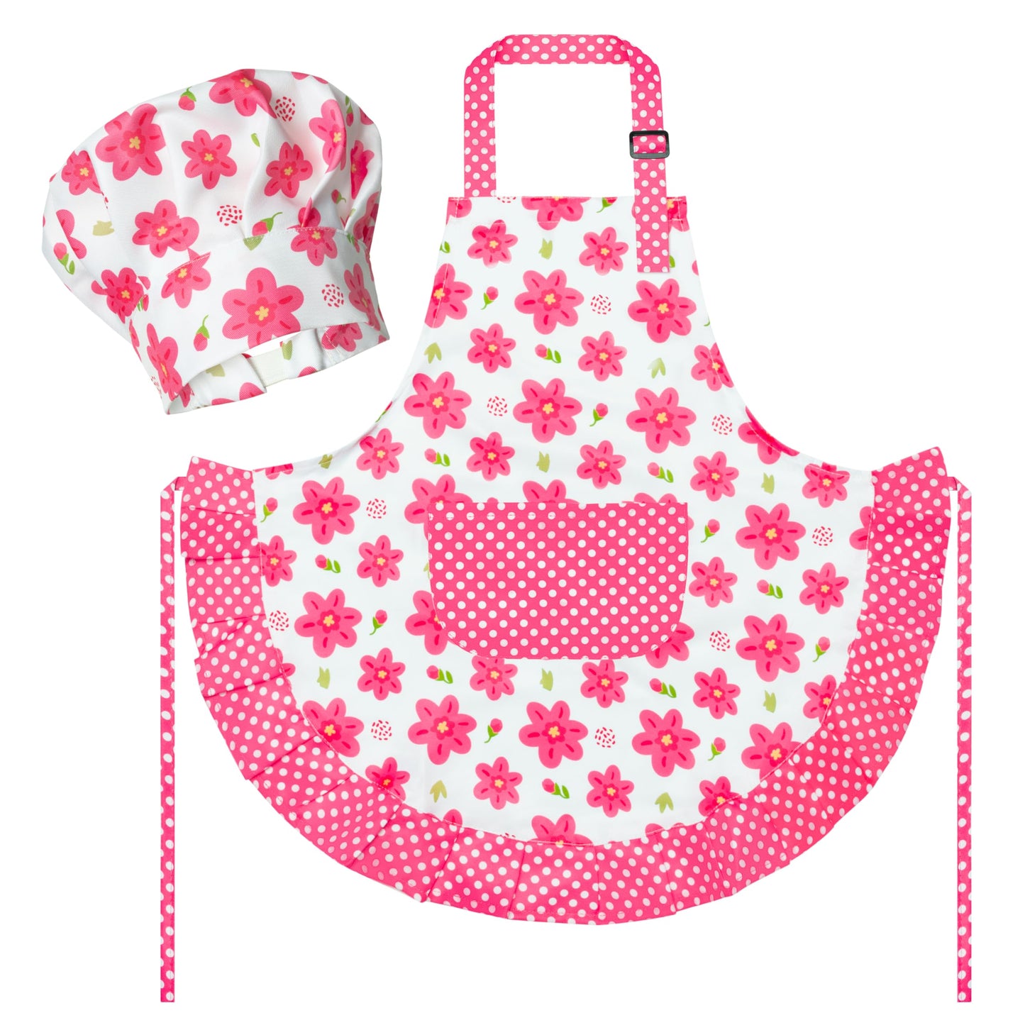 R HORSE Kid Apron and Chef Hat Set - 2Pcs Adjustable Children Pink Flower Kitchen Apron, Dress up Role Play Chef Toy Cooking Bak