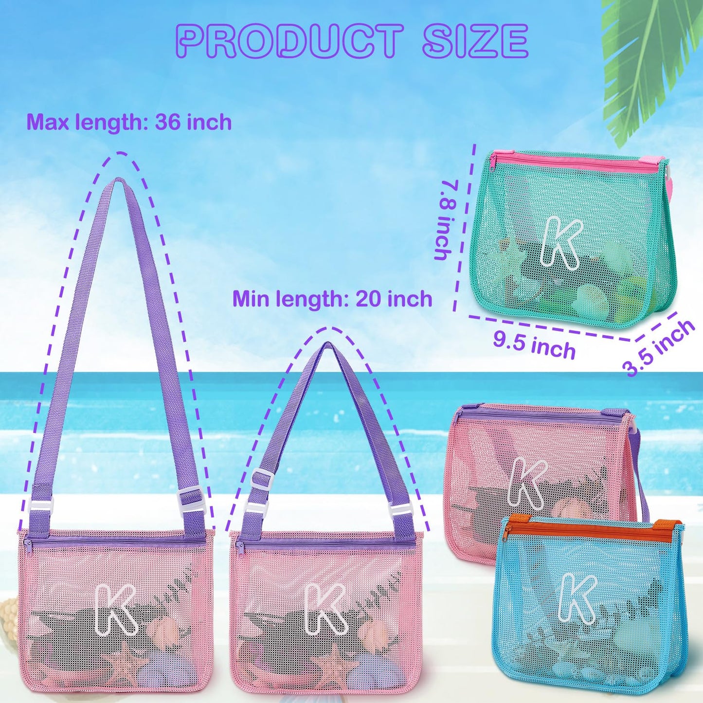 3Pcs Alphabet Printed Seashell Bags, Lightweight & Foldable Kids Beach Toy Mesh Bags with Adjustable Straps, Portable for Pool a