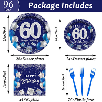 96 Pcs 60Th Birthday Party Supplies Navy Blue And Silver Birthday Plates 60Th Birthday Paper Tableware Happy Birthday Party Plat
