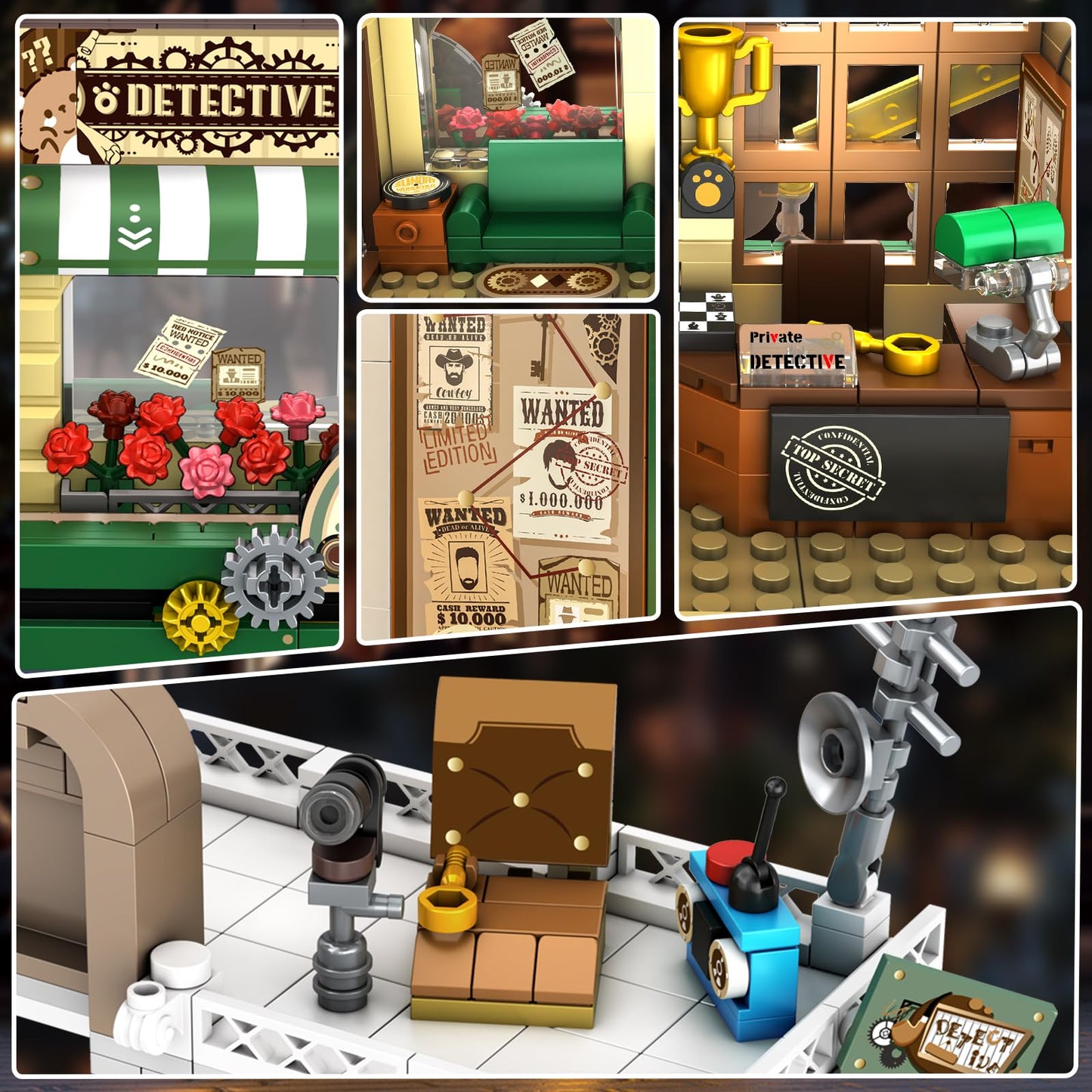 Insoon Detective Agency Building Set With Led Light, 1231Pcs Detective House Building Block Toy With Clue Wall Sofa, Office Cons