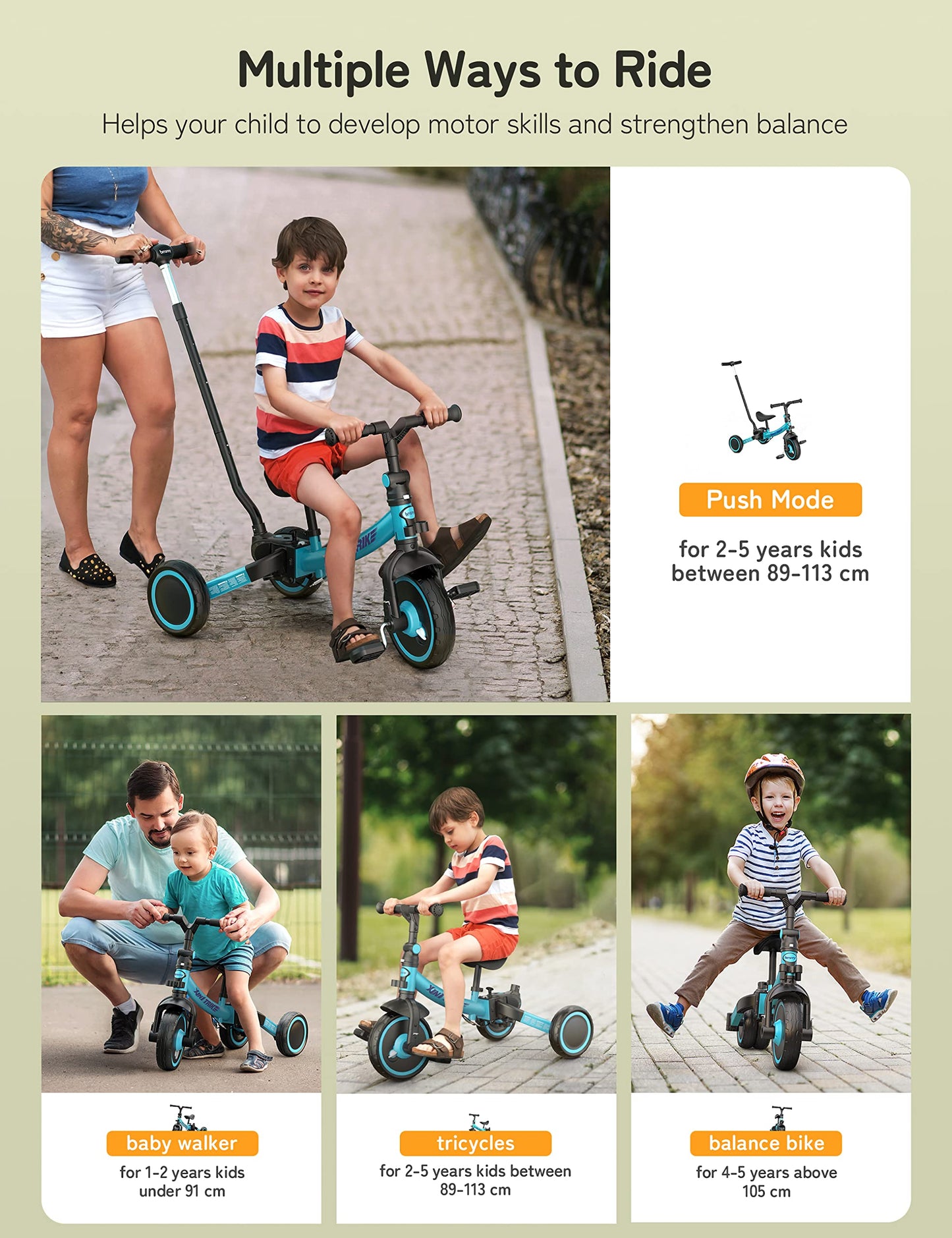 besrey 7-in-1 Toddler Bike with Parent Steering Push Handle for 1,2,3,4,5 Years Old Girls and Boys, Foldable Kids Push Trike, To