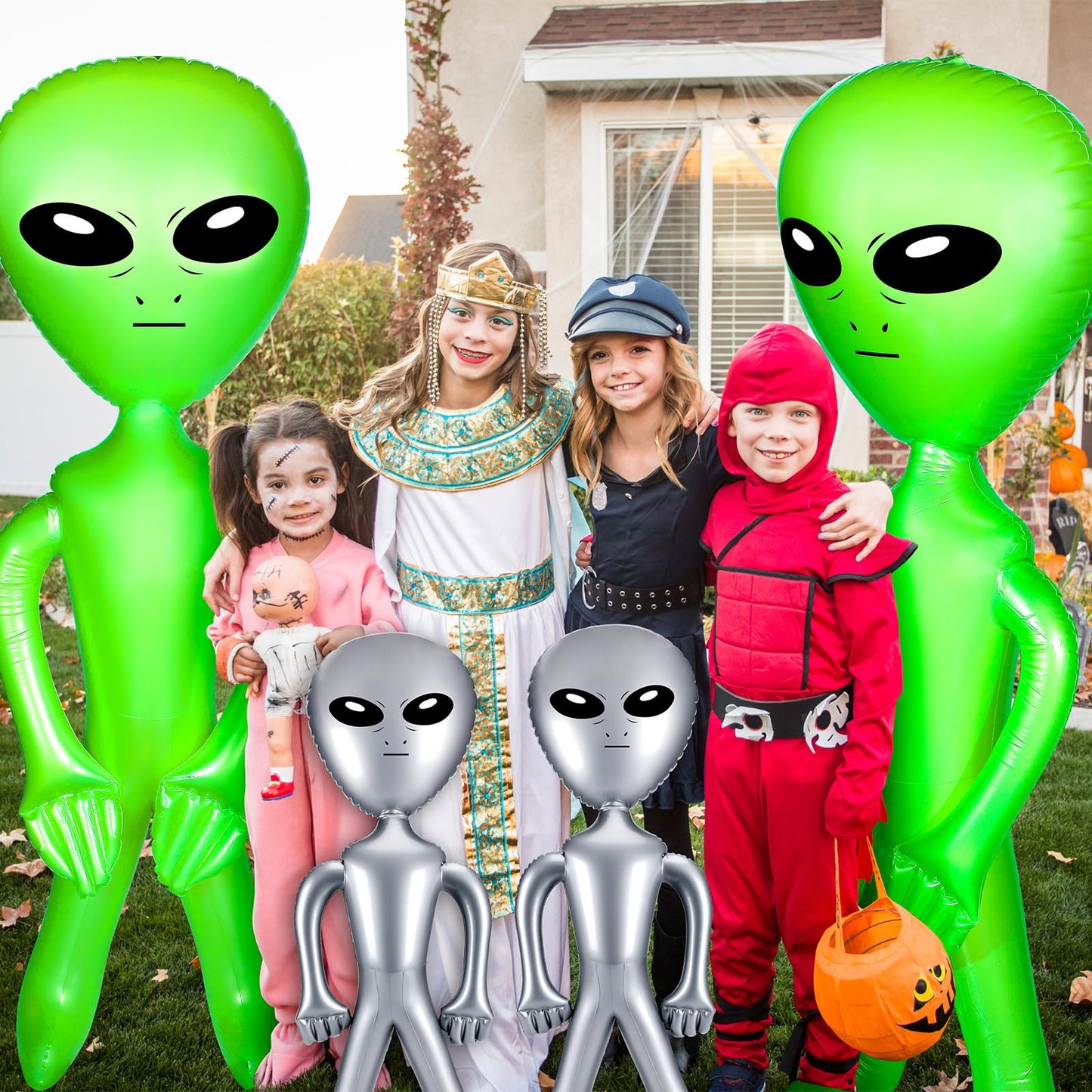 Zhanmai 4 Pcs 63 Inch 35 Inch Inflatable Alien Jumbo Alien Party Decorations Alien Balloon Inflate Alien For Halloween Party Favors(Silver, Green)