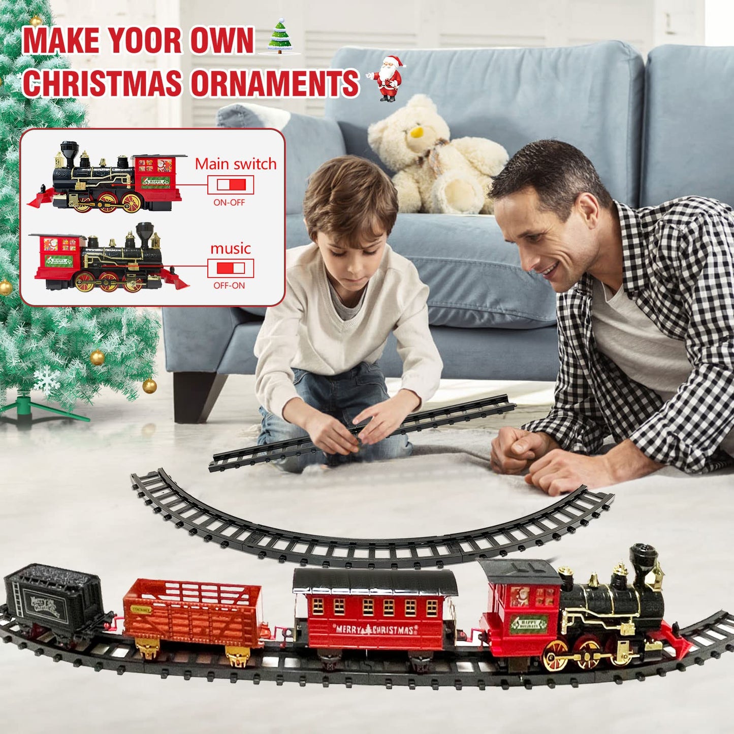 Ochido Train Set - Christmas Train Sets For Under The Tree, Electric Train Toy Gift For Boys Girls, With Railway Kits,Cargo Cars & Tracks,Light,Smokes & Sound,For 3 4 5 6 7 8+ Year Old Kids