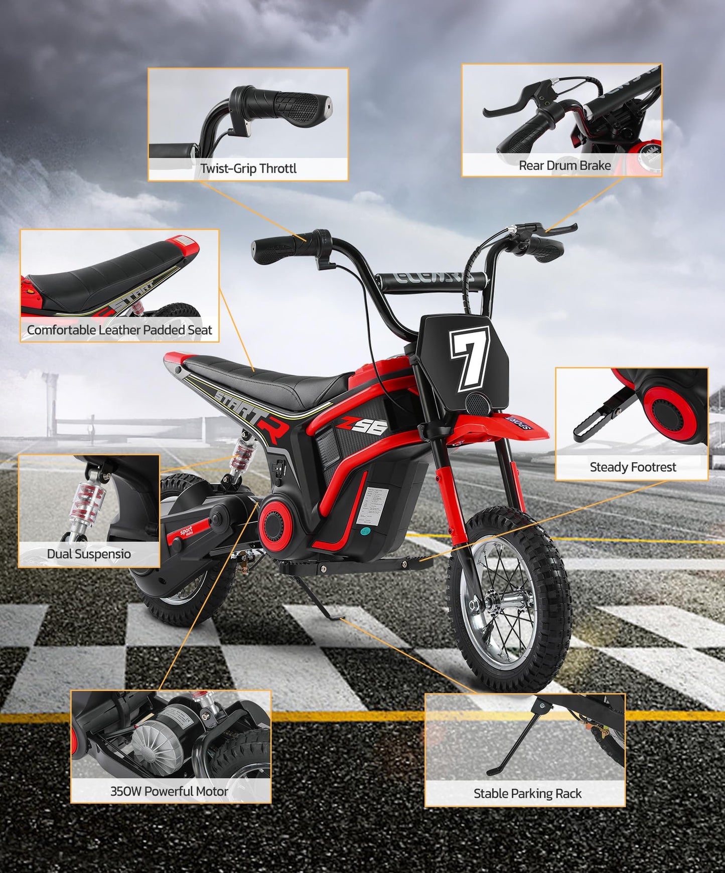 Elemara Electric Dirt Bike For Kids,15.5 Mph & 150Lb Max, 350W Kids Motorcycle With Music & Bluetooth,Chain-Driven Motor, Twist-