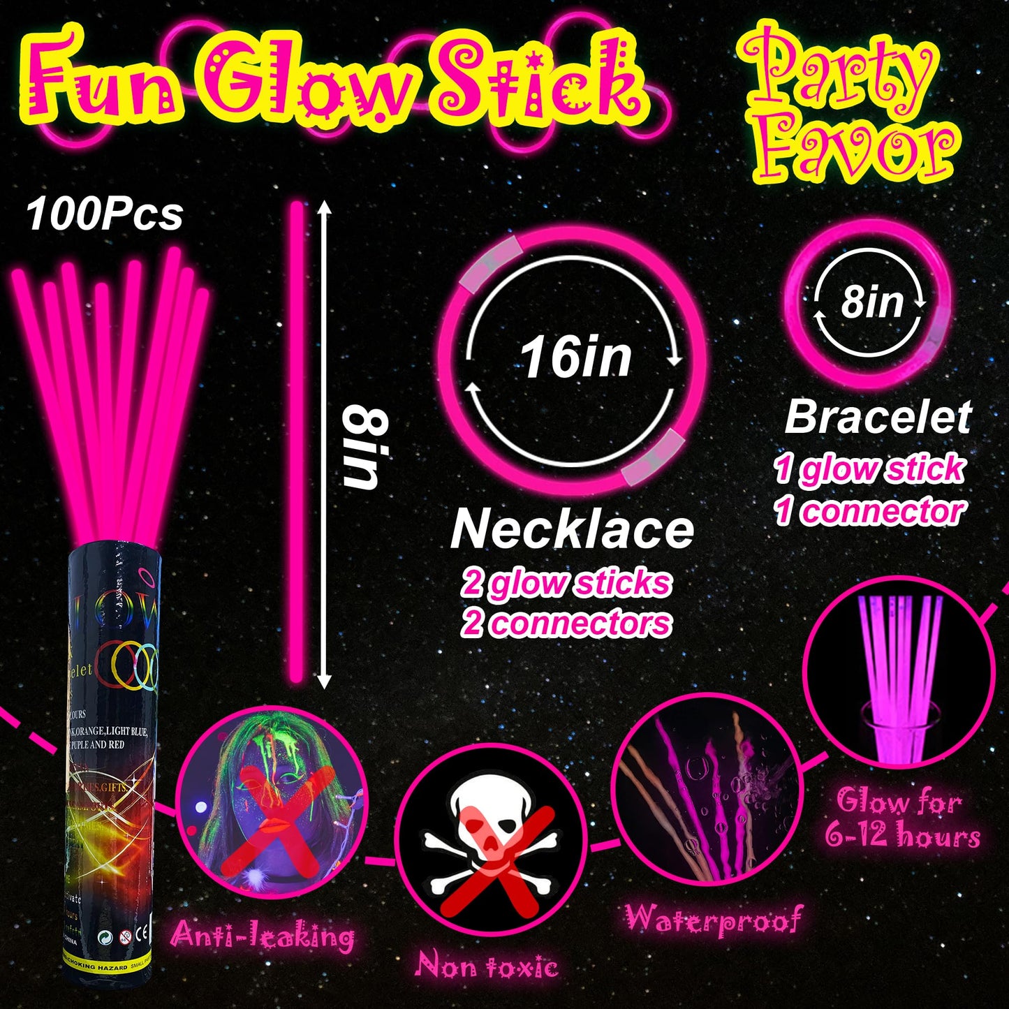Ilhsty 100 Pk 8'' Pink Glow Sticks Glow Necklaces In The Dark Party Favors Supplies Bright Glowsticks Bulk For Birthday Valentin