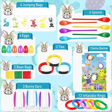 JellyArch 34 Pcs Easter Outdoor Toss Party Games Includes Potato Sack Race Jumping Bags Egg Spoon Race Inflatable Bunny Ring Tos