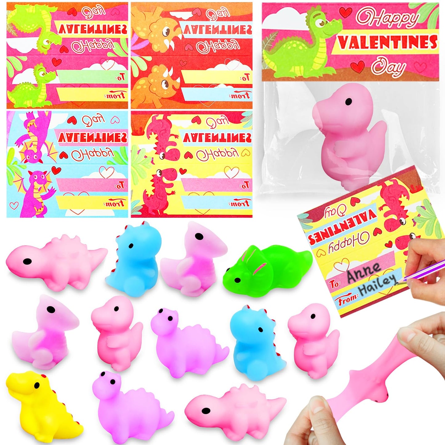 28 Pack Valentines Animals Mochi Squishies with Valentines Cards Classroom Valentine's Day Gifts for Kids Boys Prefilled Kawaii