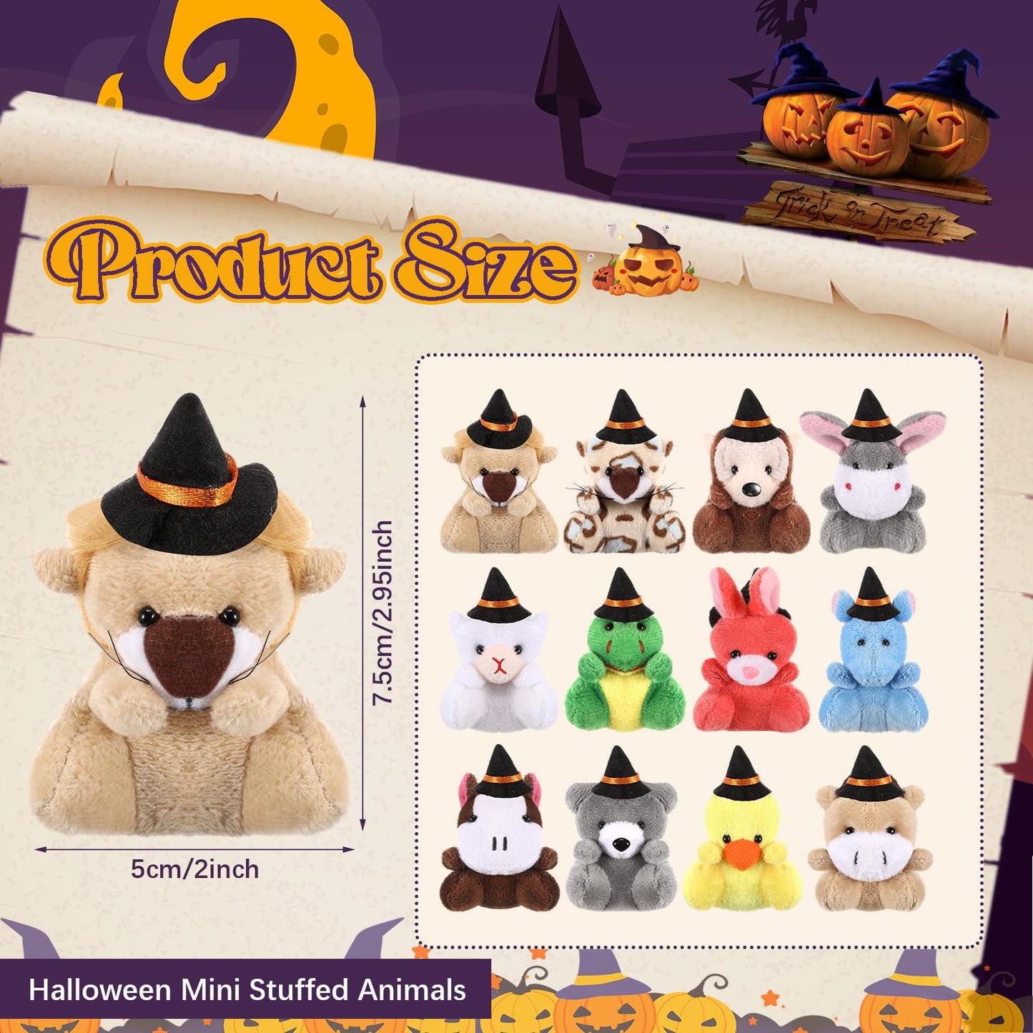Blueweenly 12 Pcs Mini Halloween Stuffed Animal Toys - Small Animal Plush Key Chains With Black Witch Hat - Tiny Halloween Theme
