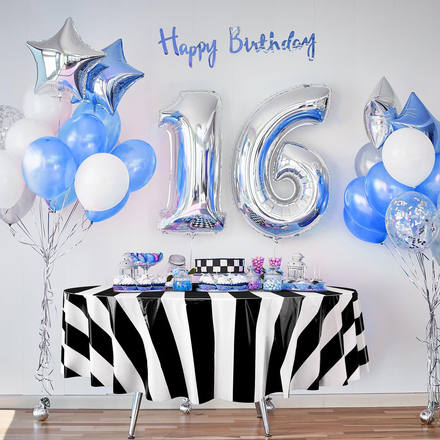 Tatuo 3 Pcs Black and White Round Circus Table Cloth 84 Inch Carnival Circus Tablecloths Striped Disposable Plastic Table Cover