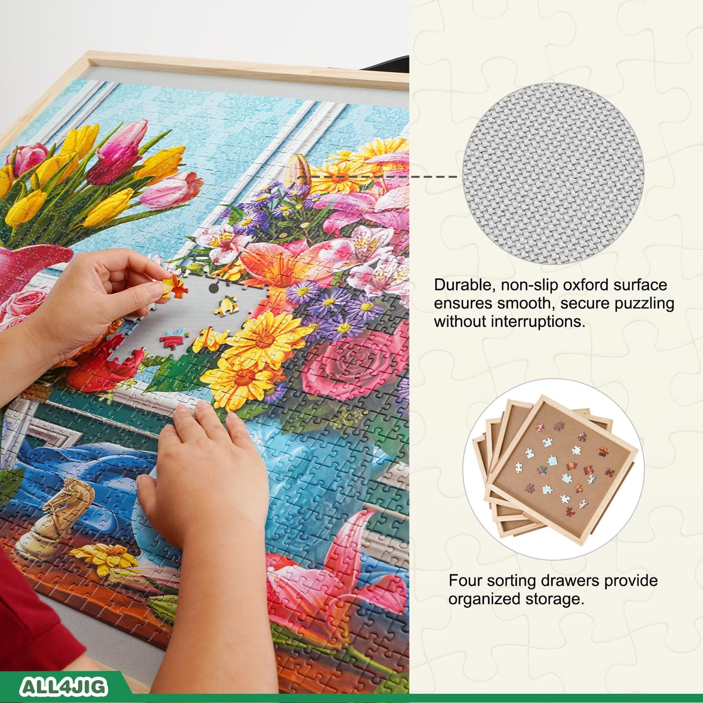 ALL4JIG 1000-Piece Puzzle Board, 30.16"x22.44", Adjustable Angle, Wood with Drawers, Iron Color, Clear Cover