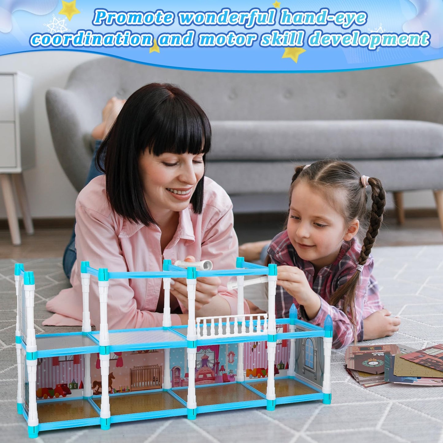 Blue Dolls Houses For Girls With Light, 1 Dolls, 2 Pets, 2 Floors - 8 Rooms, 215 Pcs Ice Dream Girls House Pretend Play Toy Set