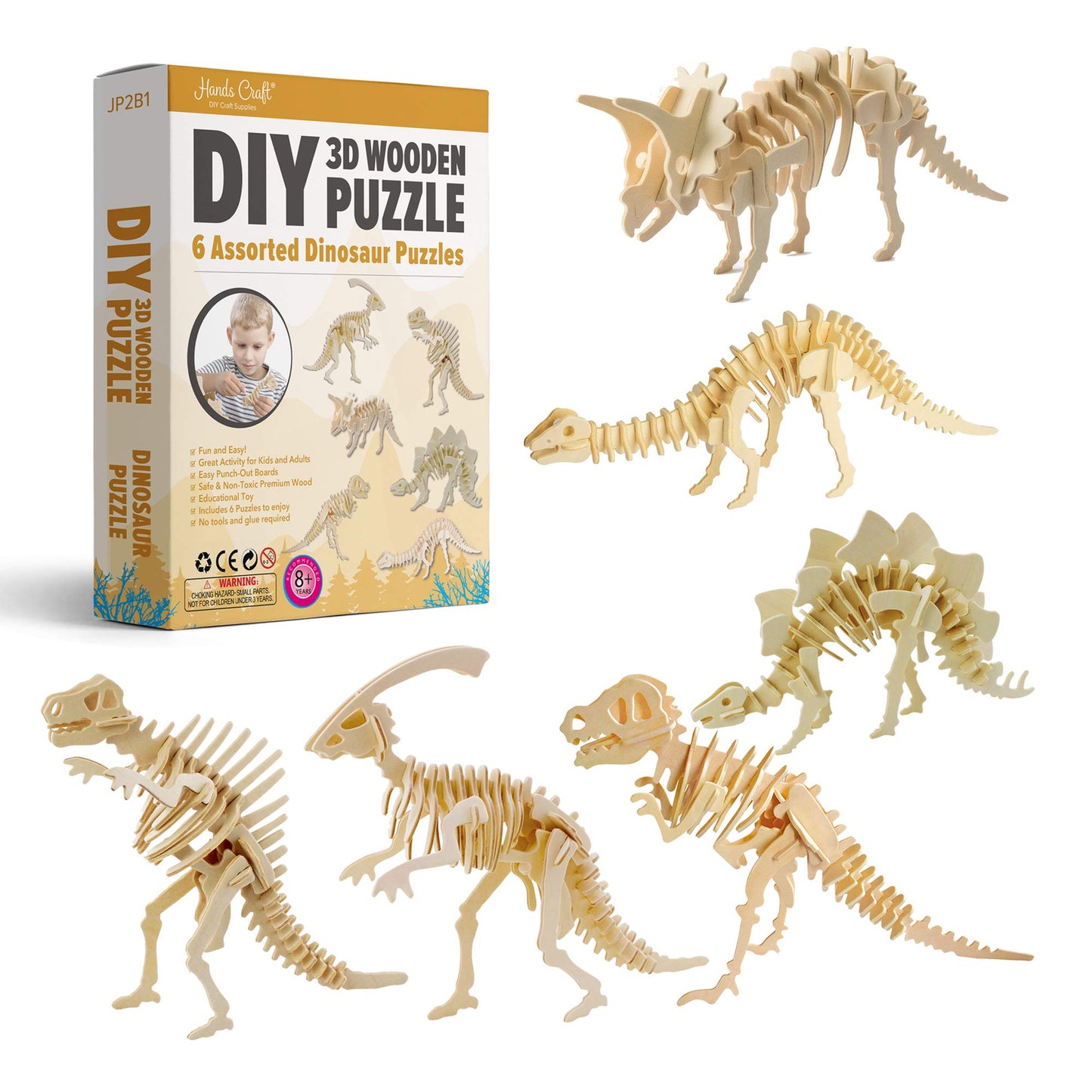 Hands Craft Diy 3D Wooden Puzzle - 6 Assorted Dinosaur Bundle Pack Set Brain Teaser Puzzles Educational Stem Toy Adults And Kids To Build Safe And Non-Toxic Easy Punch Out Premium Wood Jp2B1