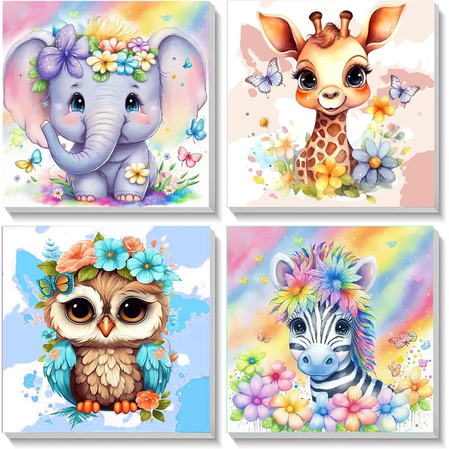 4 Pack Animal Paint By Number For Kids With Wooden Frame-Paint By Numbers For Kids Animals Ages 4-8-12,Easy Elephant Owl Giraffe