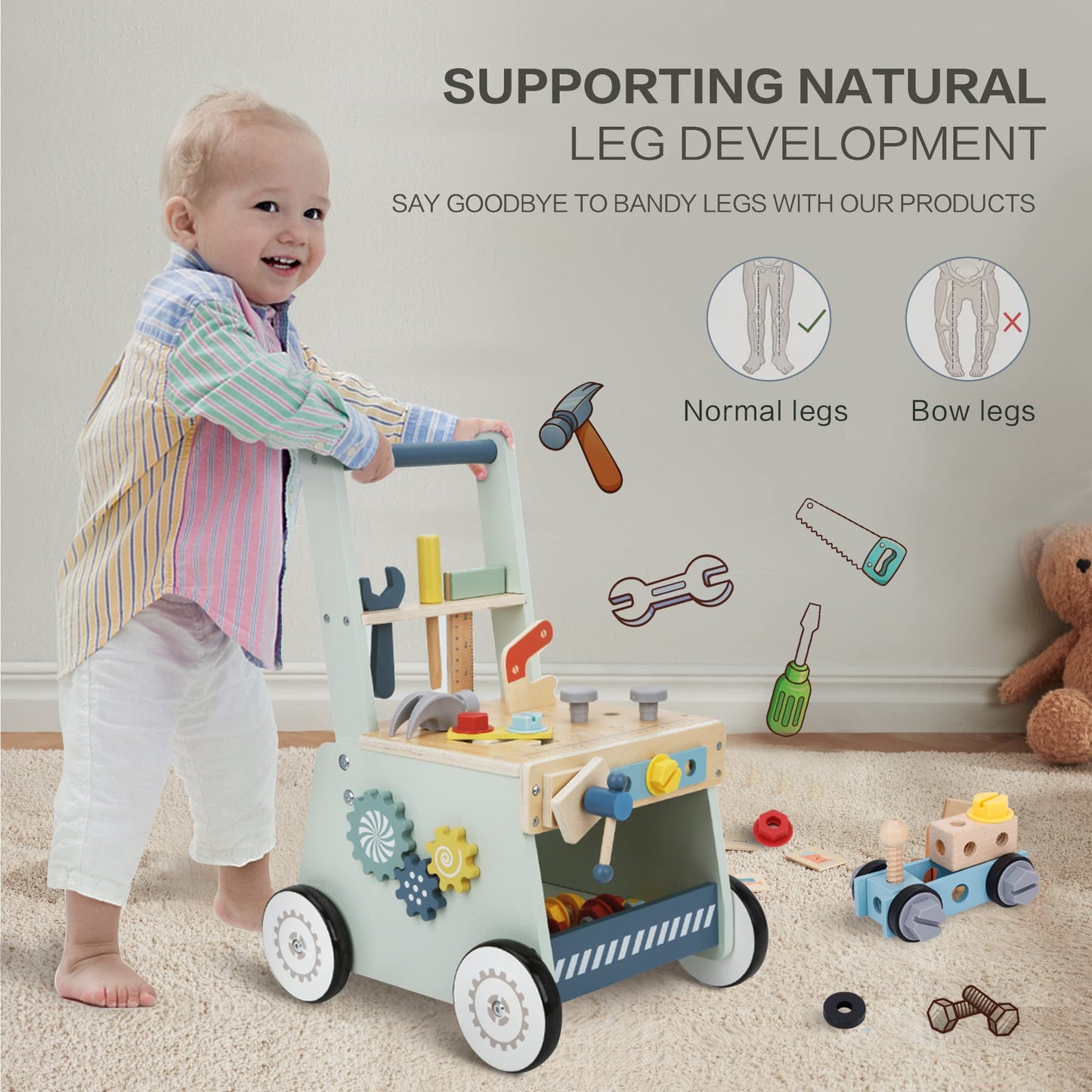 2-In-1 Baby Push Walker - Wooden Push Walker And Tool Toy For Babies - Toddler Learning Activity Walker For Girls Boys 1-3 Years