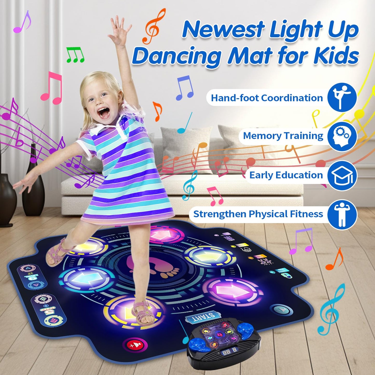 Dance Mat For Kids - Electronic Dance Pad With Light-Up 6-Button & Wireless Bluetooth, Music Dance Game Mat With Built-In Music