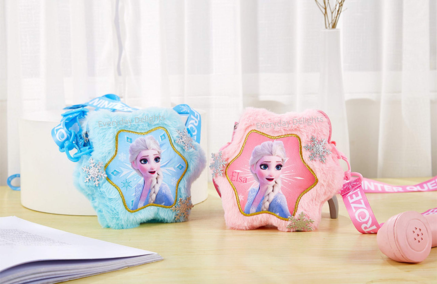 Frozen Elsa Plush Crossbody Shoulder Handbag in Snowflake Shape for Girls Kids Children - Blue