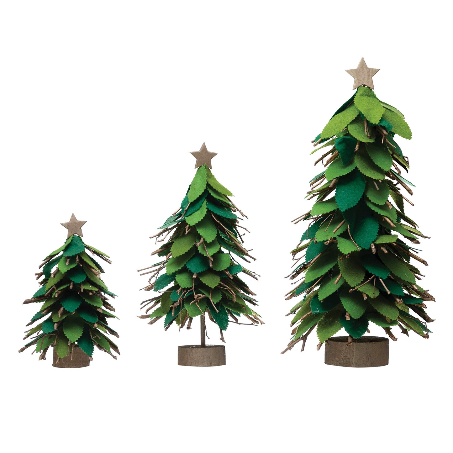 Creative Co-Op 5-1/4' Round X 8-1/2'H Wool Felt Tree With Twigs, Star & Wood Base, Green