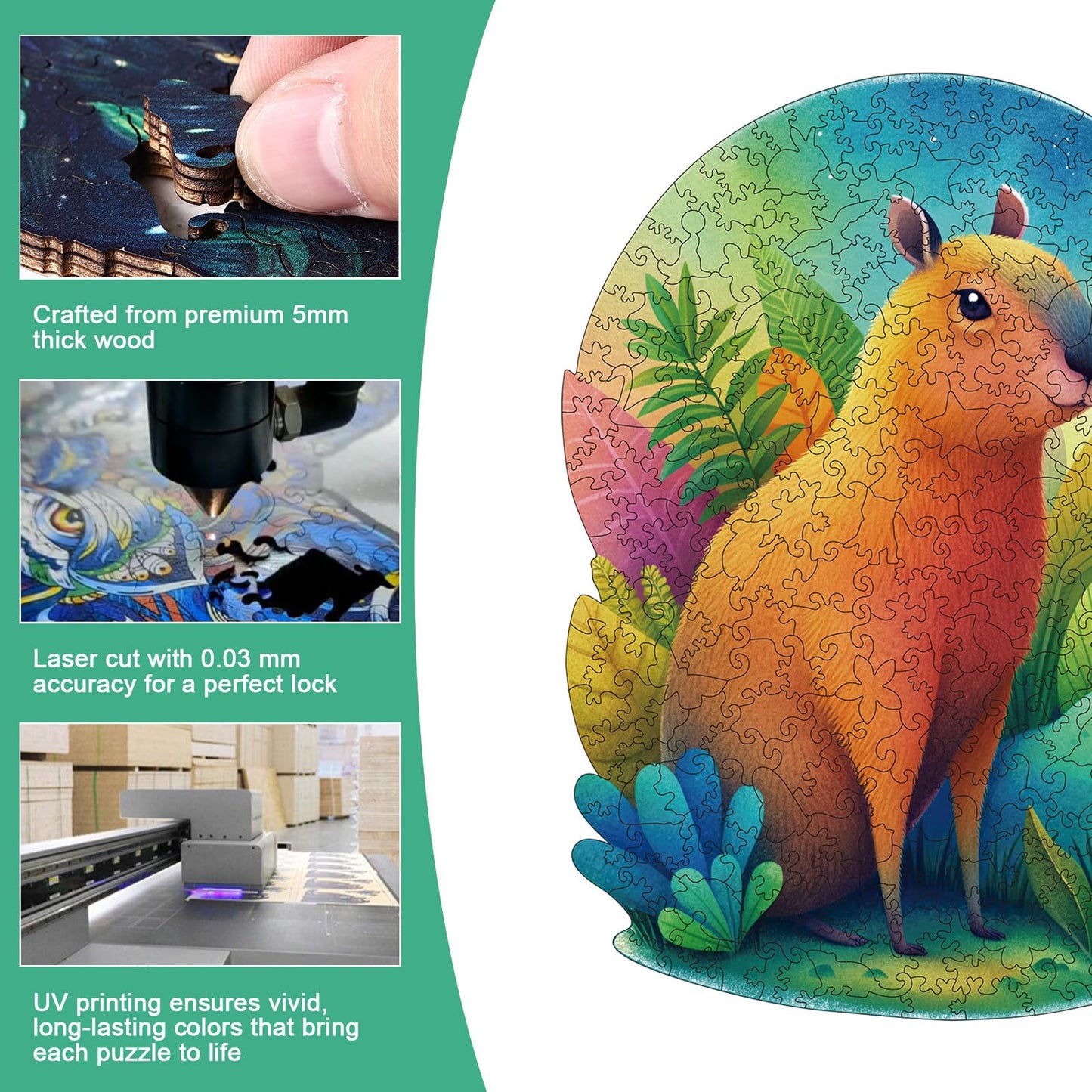 YJacuing Wooden Jigsaw Puzzles for Adults, 200 Piece Unique Animal Shaped Premium 5mm Wood Puzzles Family Game (Capybara, Medium