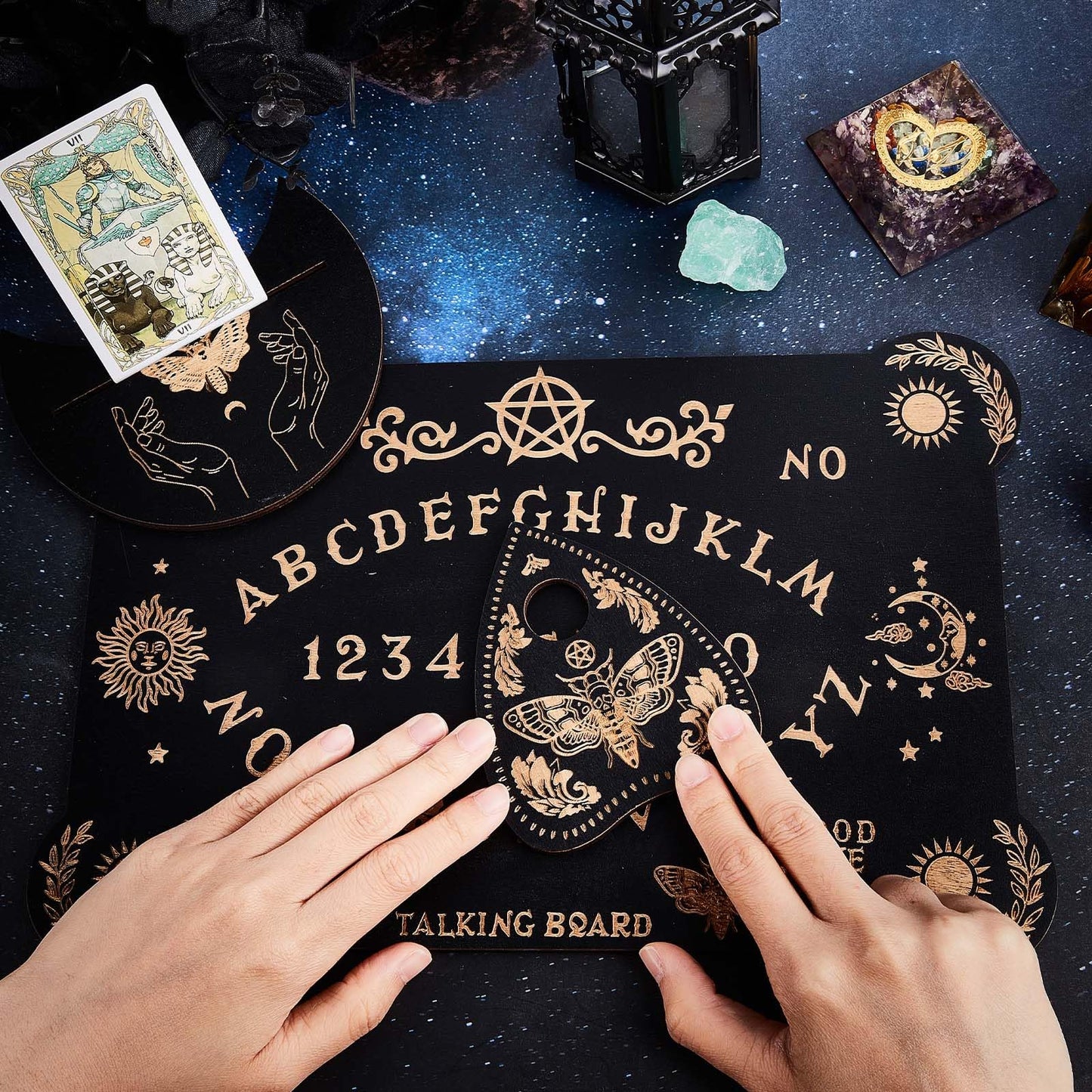 Creatcabin 3Pcs Wooden Spirit Board Kit Tarot Card Stand Holder Moth Divination Board Set With Planchette Black Altar Card Displ