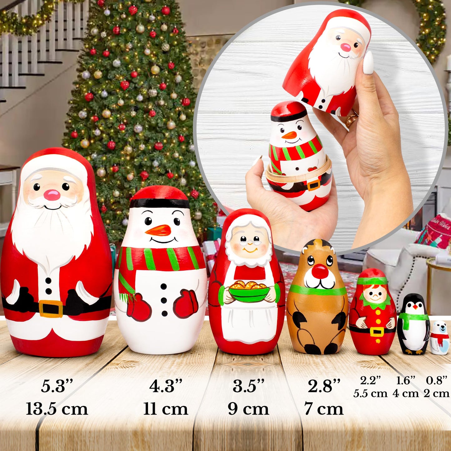 Aevvv Russian Matryoshka Dolls Set 7 Pcs - Christmas Nesting Dolls - Wooden Handmade Stacking Dolls - Christmas Decorations Gifts Ideas