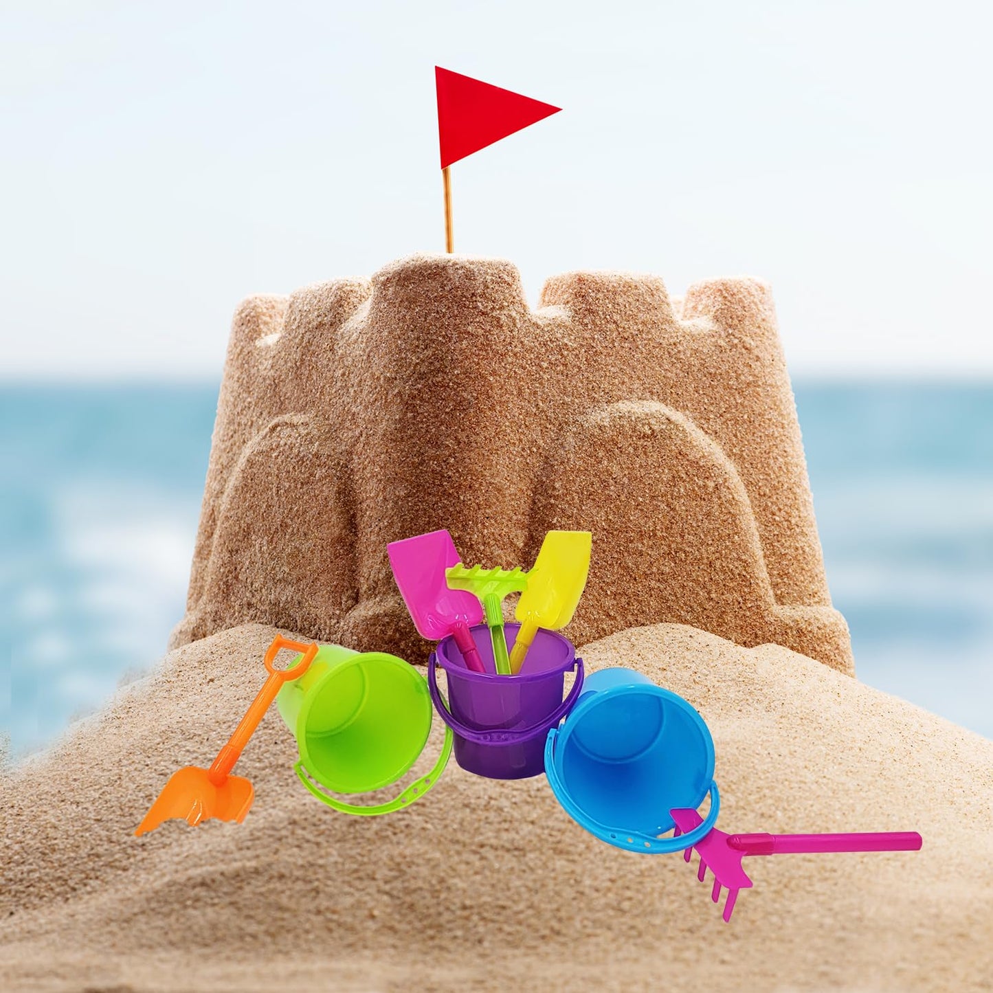 The Dreidel Company Mini Beach Playsets, Play Set Includes 1 Sand Bucket, 1 Shovel, 1 Rake, and 1 Scoop, Birthday Treats for Boy