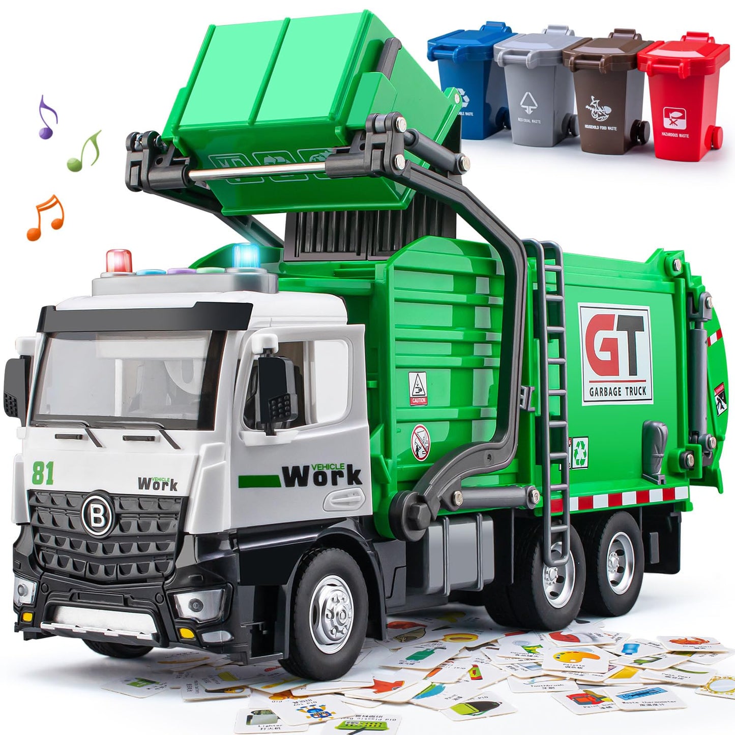 Garbage Truck Toys for Boys, 12'' Big Trash Truck with Lights and Sounds, Friction Powered Waste Management Recycling Toy Set wi