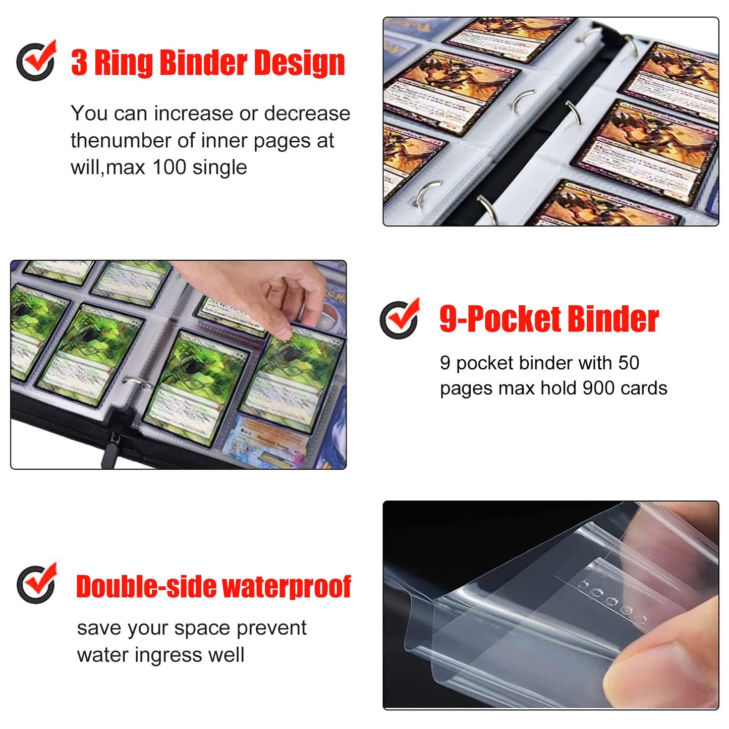 Trading Card Binder for One Piece Card Game 9 Pocket with 50 Sleeves up to 900 Cards One Piece TCG Card Binder Waterproof Card Storage Bag with Sleeves one piece for card Display Case