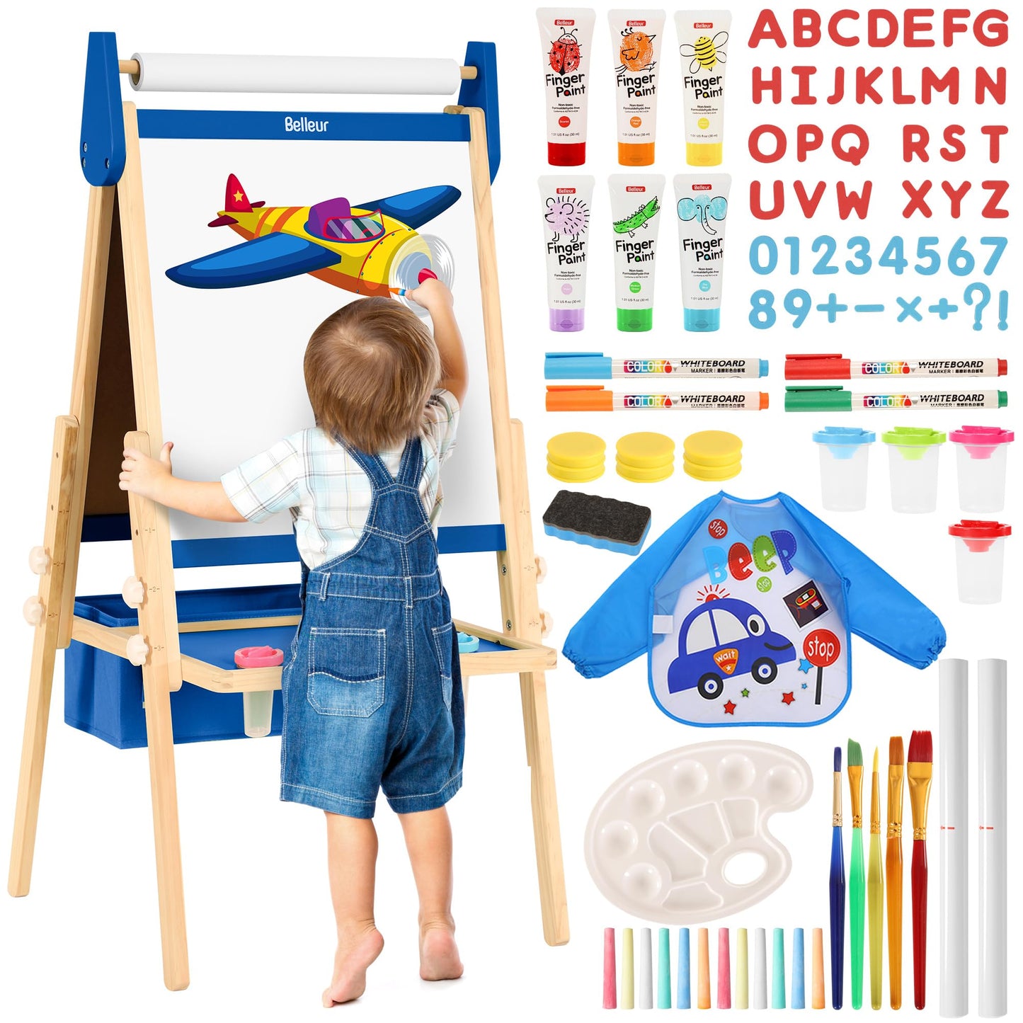 Belleur All-In-One Art Easel For Kids With 2 Paper Rolls & Deluxe Accessories, Adjustable Magnetic Double Sided Whiteboard & Chalkboard, Painting Kid Easel For Toddlers 2-8, Ideal Christmas Gift