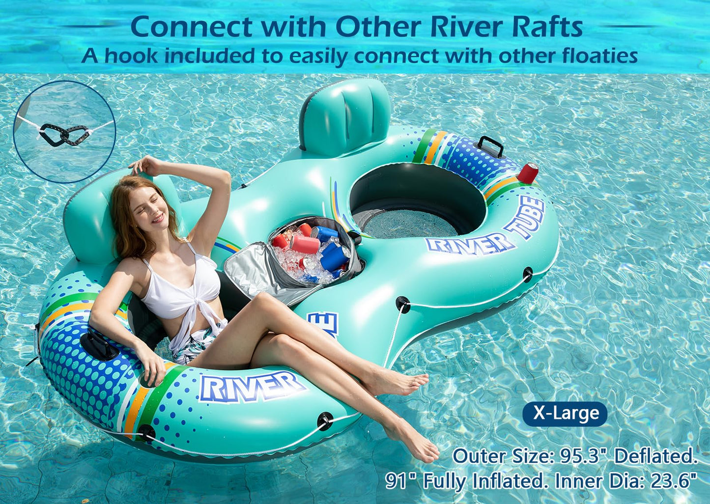 Jasonwell Inflatable River Tube Float - 2 Person Heavy Duty River Float Pool Floats With Removable Cooler Lake Water Tubes For Floating River Raft Lounge Floatie With 2 Cup Holders For Adults (Cyan)