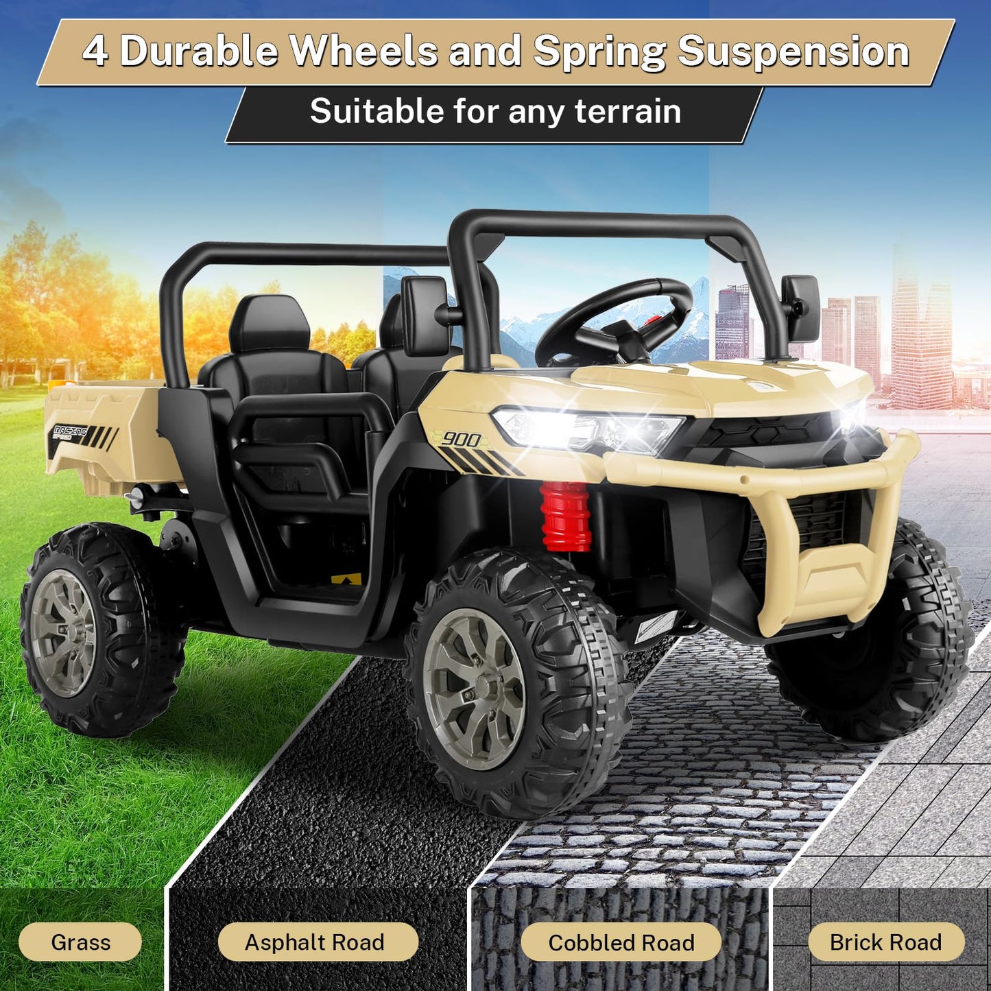 Hikole 24V Ride on Dump Truck with Electric Dump Bed, 2 Seater Kids UTV Electric Car w/2.4G Remote Control, Music, 3 Speed, LED